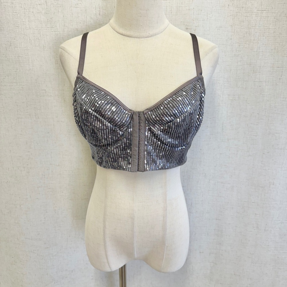 Moda International Sequin Bustier Crop Top Charcoal Grey Corset Bralette Size 12
